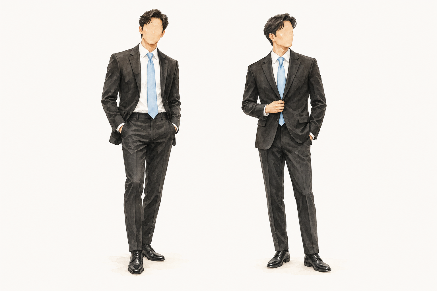 Watercolor groomsmen in black formal suits with baby powder blue neckties